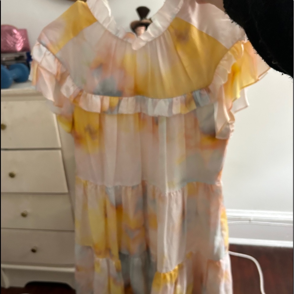 Marie Oliver pink blue yellow ruffle dress